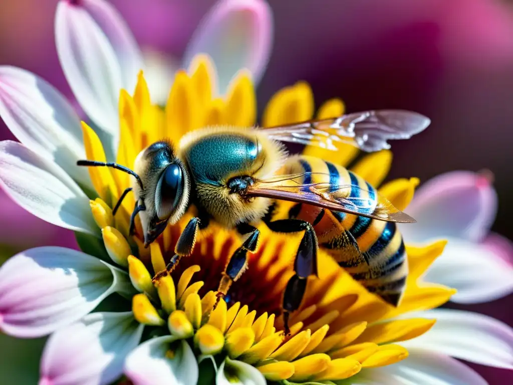 Una abeja cubierta de polen amarillo se posa delicadamente en el estambre de una flor colorida