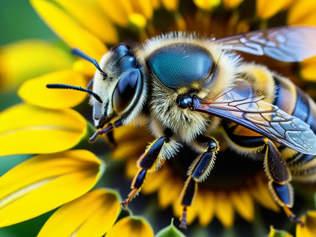 Una abeja cubierta de polen descansa en el centro de una flor de girasol, resaltando la importancia de abejas en ecosistemas orgánicos