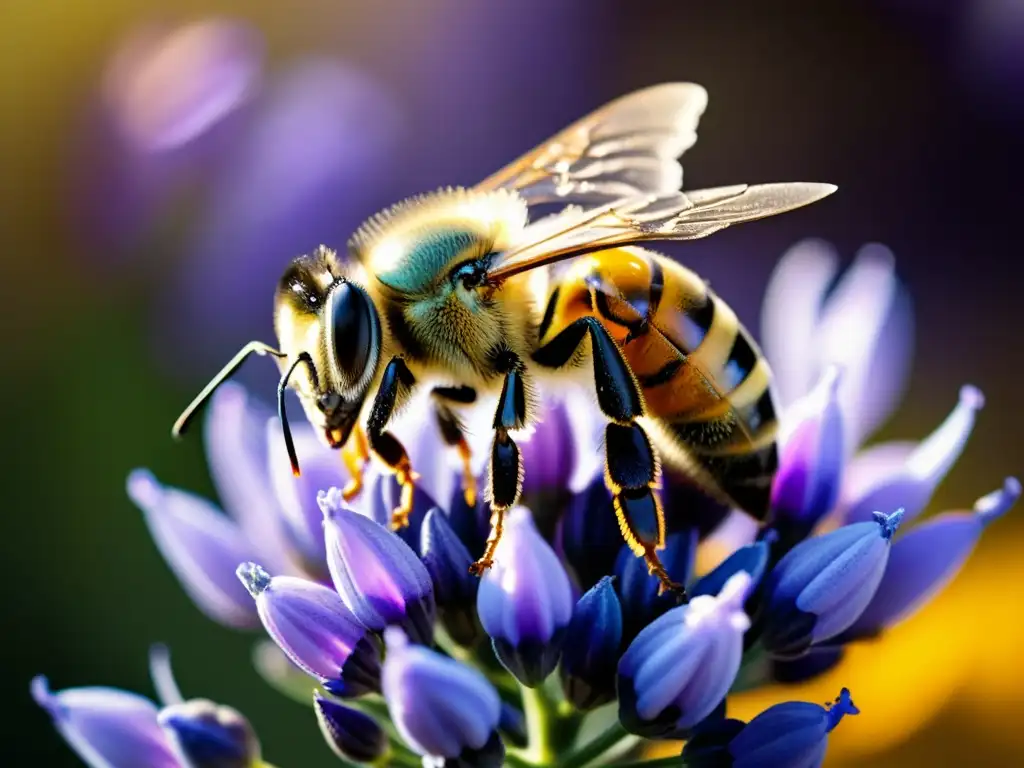 Una abeja cubierta de polen dorado sobre una flor de lavanda