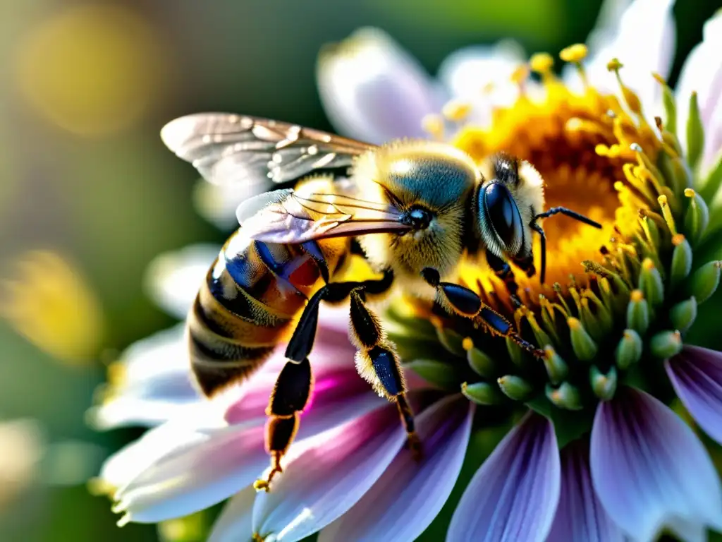 Una abeja cubierta de polen sobre una flor, resaltando la importancia de la polinización en el huerto orgánico