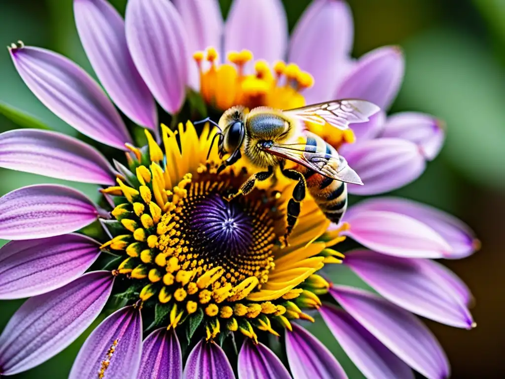 Una abeja cubierta de polen en una flor de equinácea púrpura, capturando la importancia de los polinizadores en la agricultura orgánica