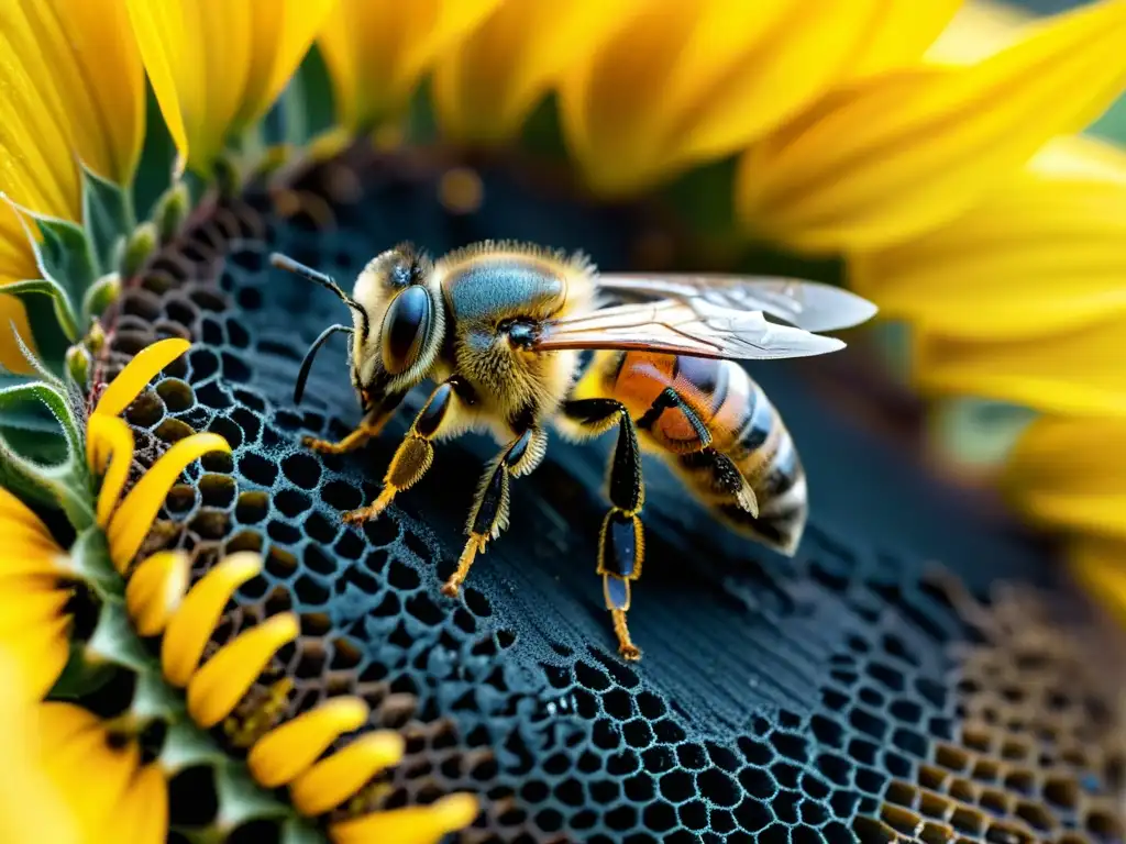 Una abeja cubierta de polen en un girasol, resaltando la importancia de polinizadores en alimentos orgánicos