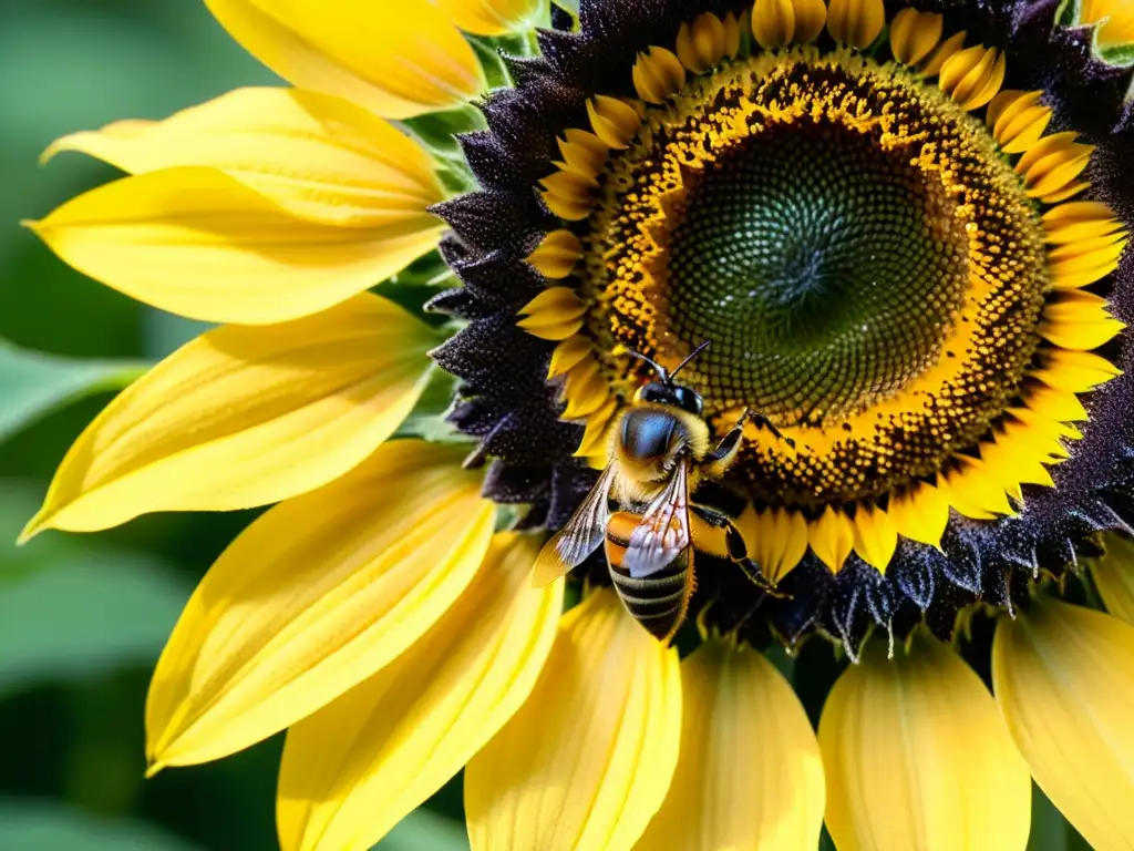 Bee pollinating sunflower: belleza orgánica en acción Una abeja cubierta de polen en un girasol, exudando armonía orgánica y la importancia de la apicultura orgánica