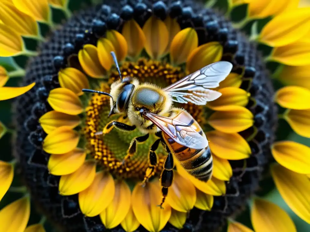 Una abeja cubierta de polen sobre un girasol, mostrando la importancia de polinizadores en agroforestería