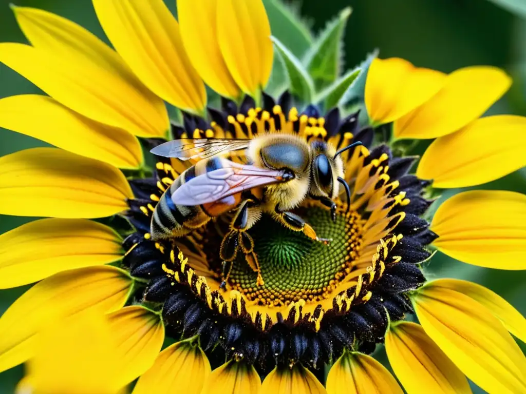 Una abeja cubierta de polen en un girasol, muestra la importancia polinizadores agricultura orgánica en una escena naturalmente hermosa y serena