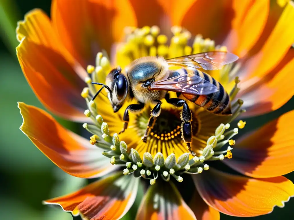 Una abeja cubierta de polen, en vuelo sobre una flor de amapola anaranjada