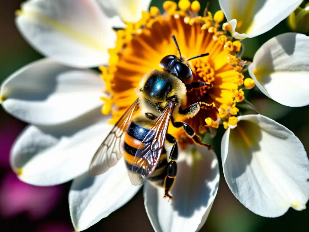 Una abeja polinizando una flor en detalle, resaltando la importancia de abejas en ecosistemas orgánicos