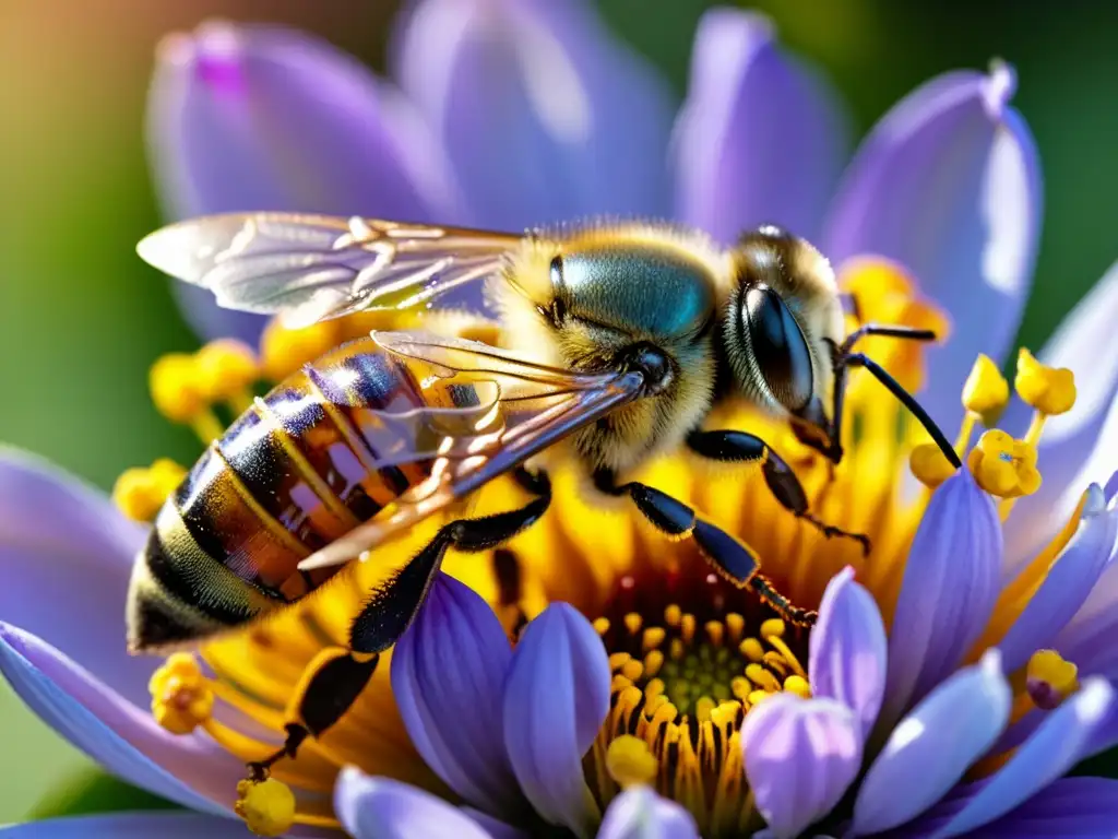 Detalle asombroso: Abeja recolectando néctar en flor Una abeja recolectando néctar de una flor, resaltando la importancia de la apicultura orgánica en la naturaleza
