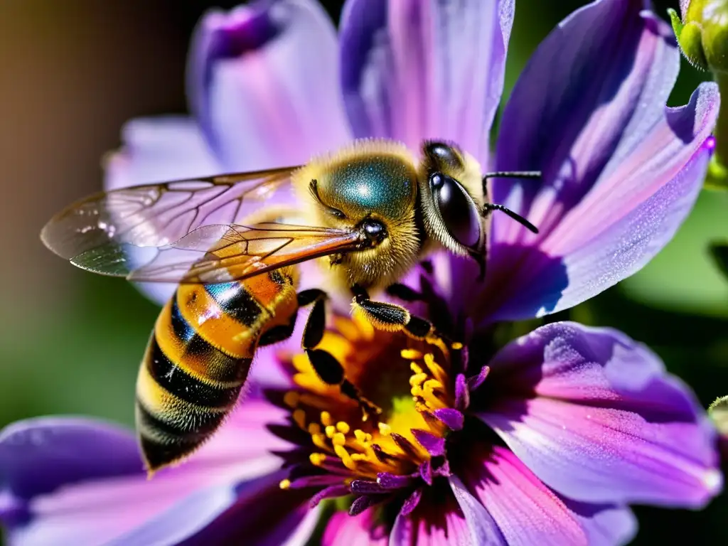 Detalle fascinante: abeja recolectando néctar de flor morada Una abeja recolectando néctar de una flor silvestre púrpura, resaltando la importancia de la apicultura orgánica