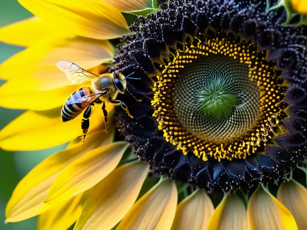 Una abeja polinizando una hermosa y vibrante flor de girasol, destacando la simbiosis en la agricultura sostenible