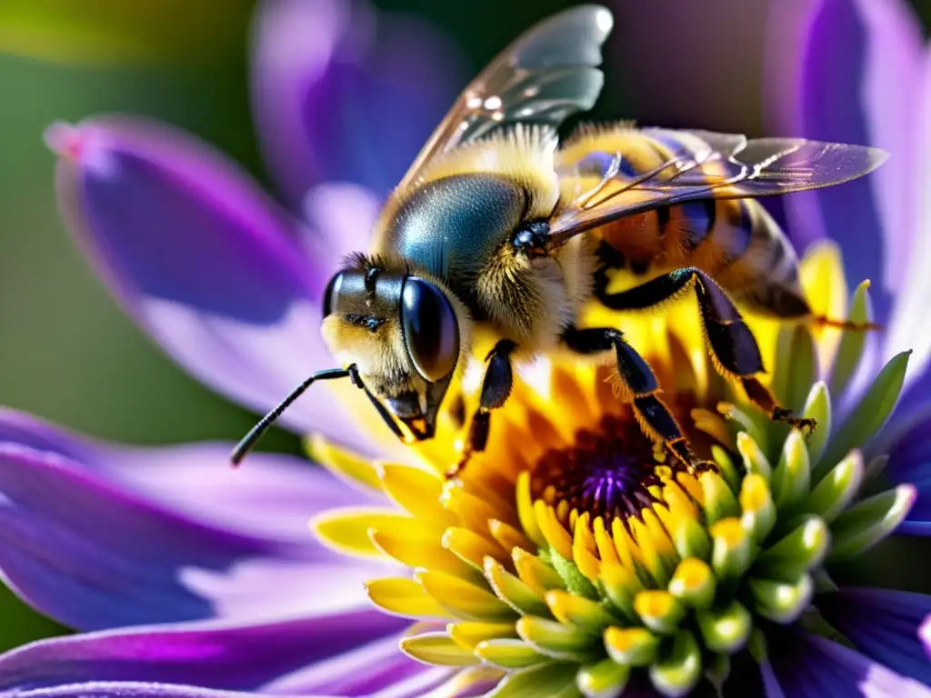 Una abeja recolectando polen de una flor morada, capturando la importancia de abejas en ecosistemas orgánicos con impresionante detalle y belleza