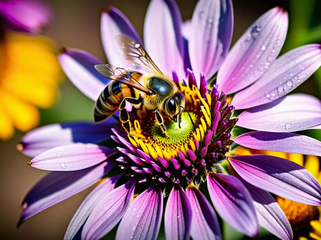 Una abeja recolectando polen de una flor violeta, resaltando la importancia de abejas en ecosistemas orgánicos