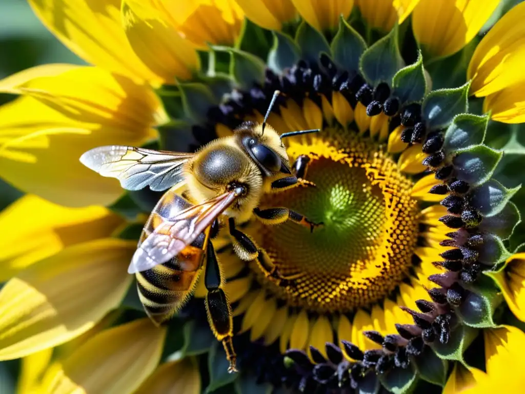 Una abeja recolecta polen de un girasol, destacando la importancia de las abejas en la polinización de cultivos orgánicos