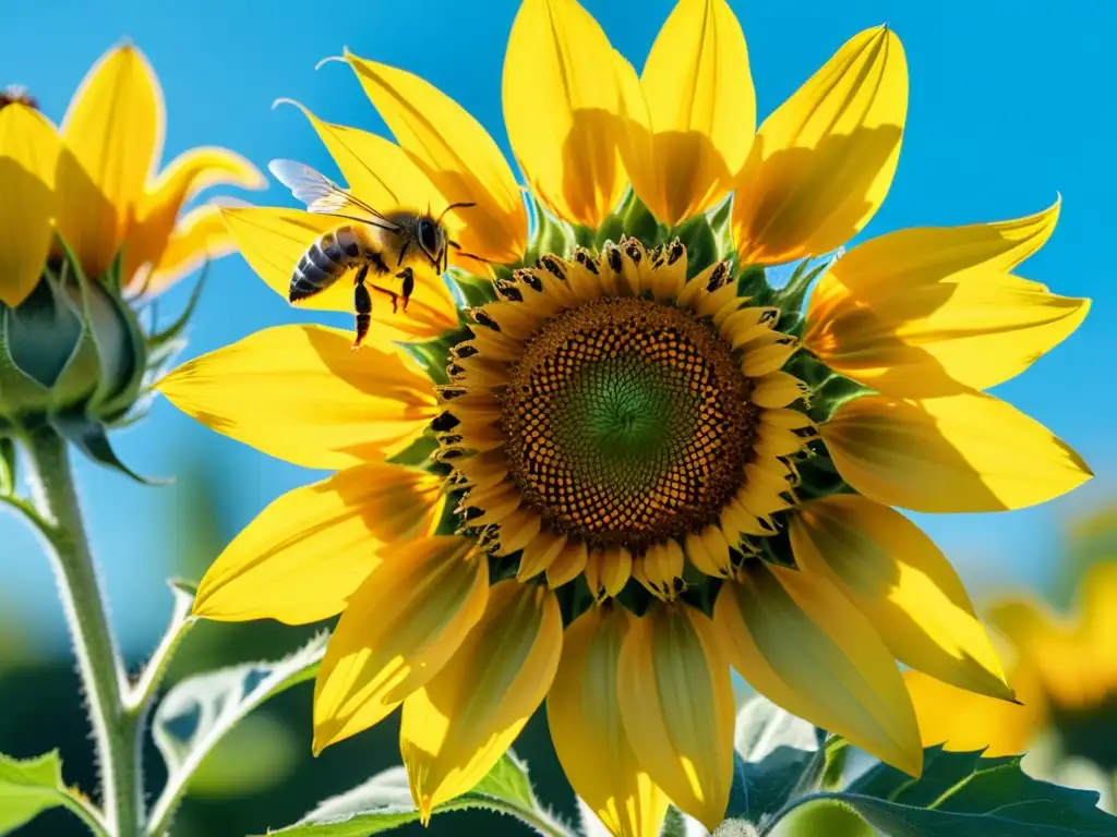 Detalle asombroso: Abeja polinizando una hermosa sunflower orgánica Una abeja recolecta polen de una hermosa y vibrante flor de girasol, destacando la importancia de la apicultura orgánica en la polinización sostenible
