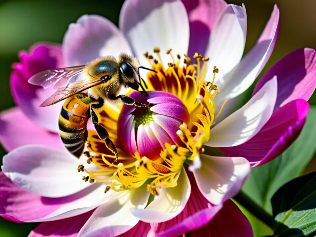 Una abeja recolecta polen de una peonía rosa, destacando la importancia de polinizadores en alimentos orgánicos