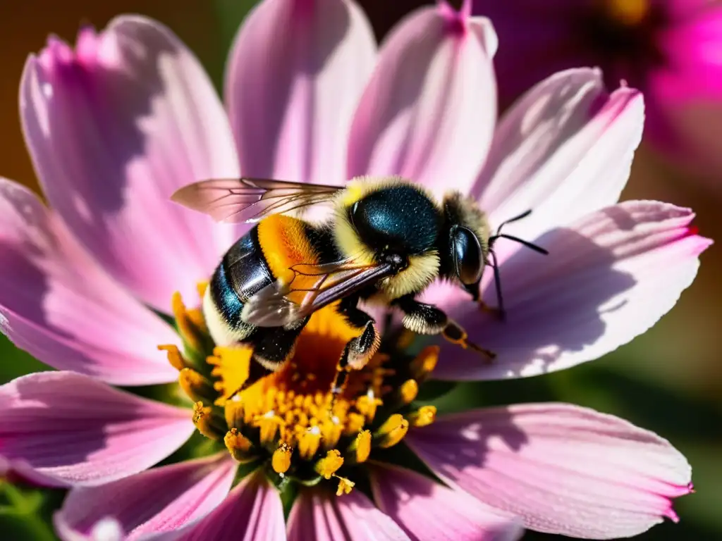 Una abeja solitaria cubierta de polen en una flor cosmos, mostrando la importancia de las abejas en la polinización de cultivos orgánicos