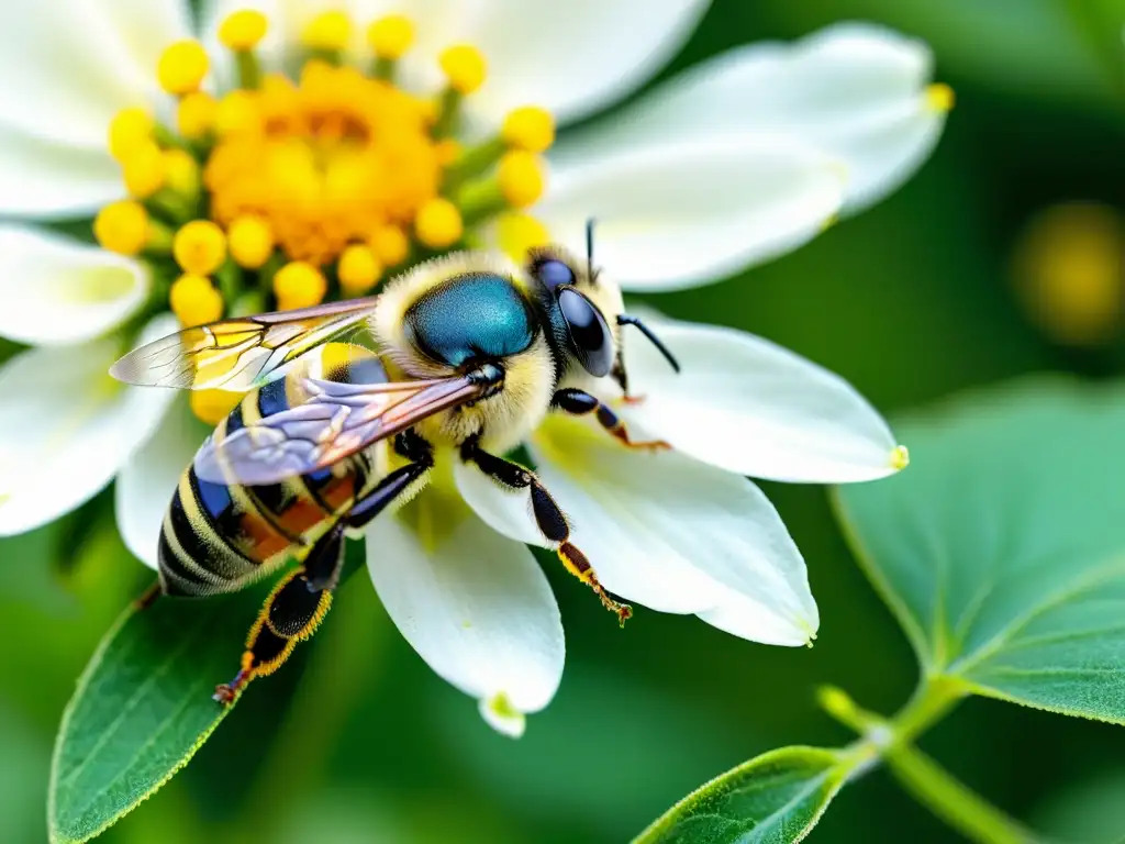 Un abejorro cubierto de polen amarillo sobre una flor blanca