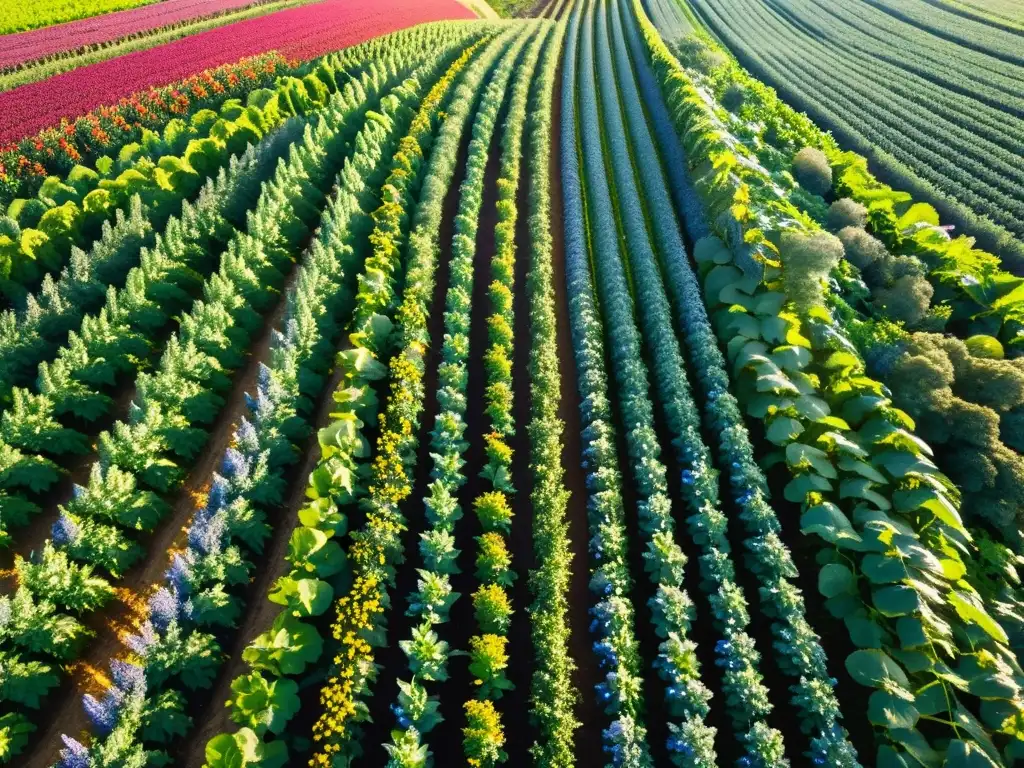 Plantación orgánica abundante bajo cielo azul, con flores, abejas y brisa