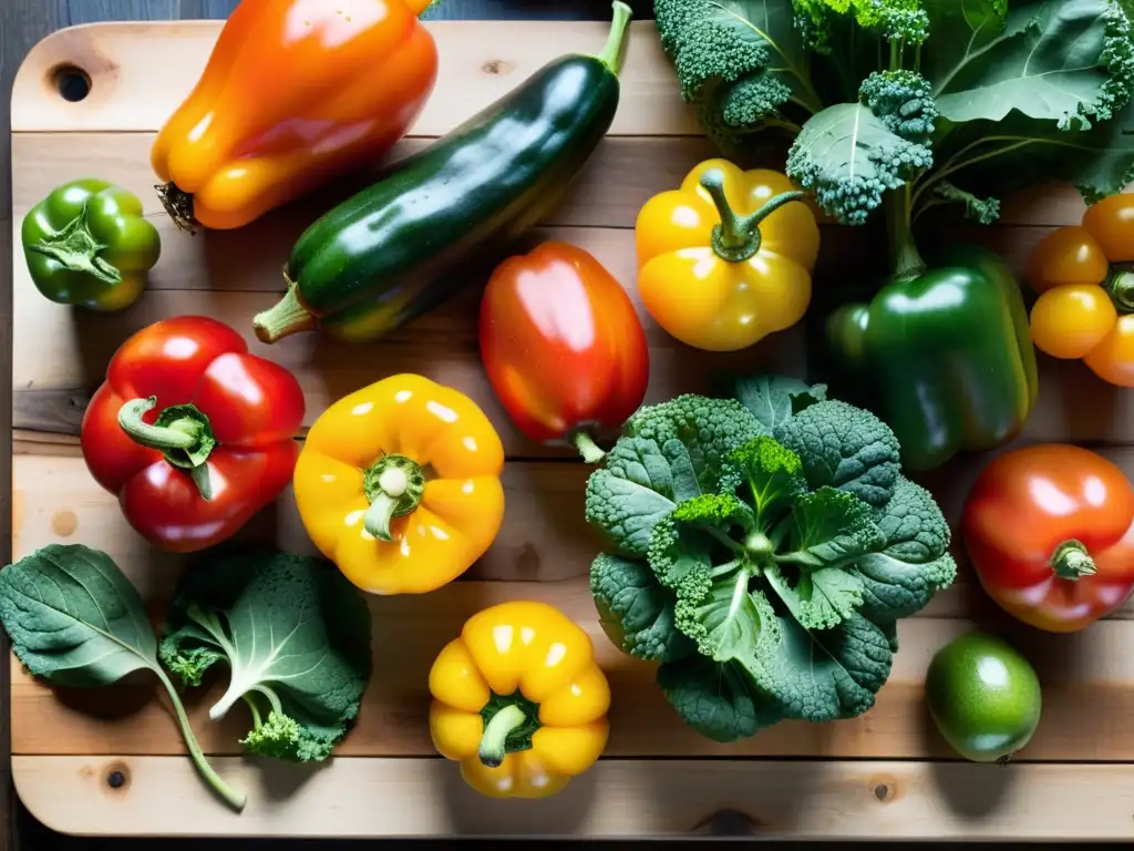 Una abundante y colorida selección de alimentos orgánicos frescos, con tomates, kale y pimientos, sobre una mesa rústica de madera