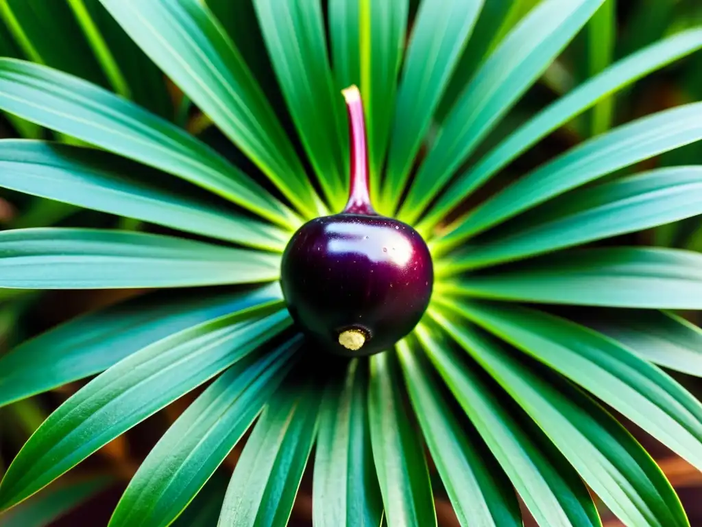 Un açaí orgánico maduro en hojas verdes, resaltando su color púrpura intenso y textura brillante