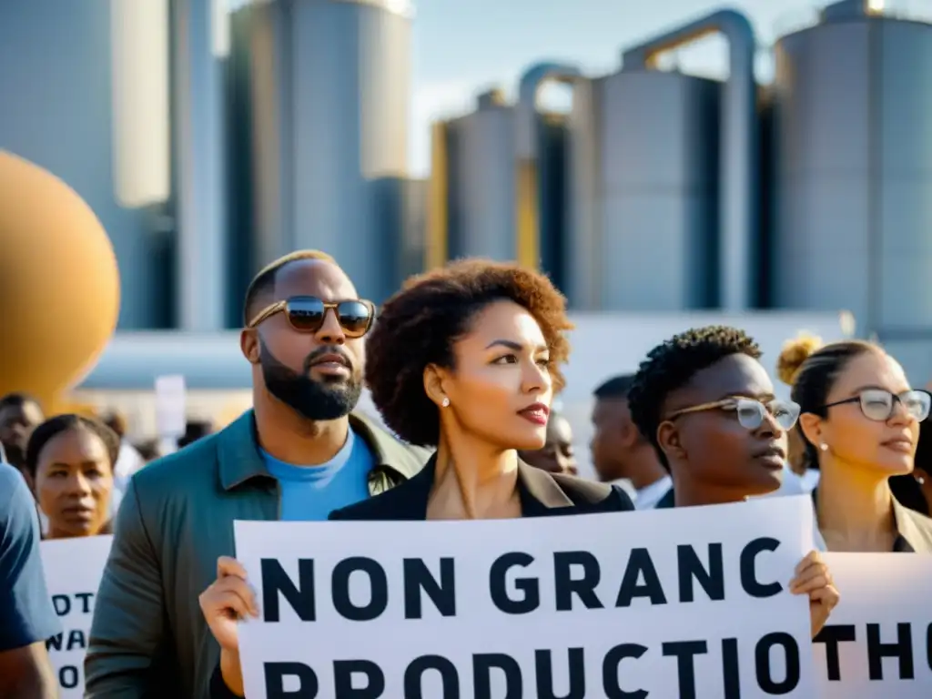 Activistas desafían corporaciones de alimentos no orgánicos con determinación y pasión frente a la planta industrial