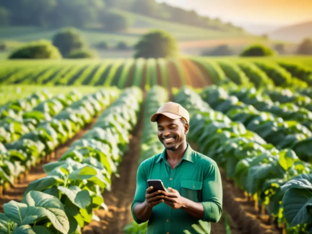 Un agricultor en un campo orgánico, con aplicación de gestión de cultivos en su móvil