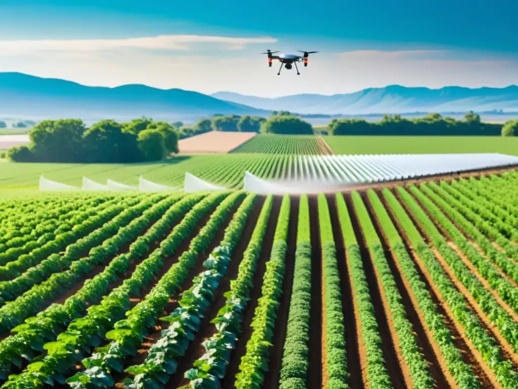 Un agricultor en un campo orgánico soleado utiliza una herramienta tecnológica para monitorear la humedad del suelo, mientras un dron captura datos aéreos