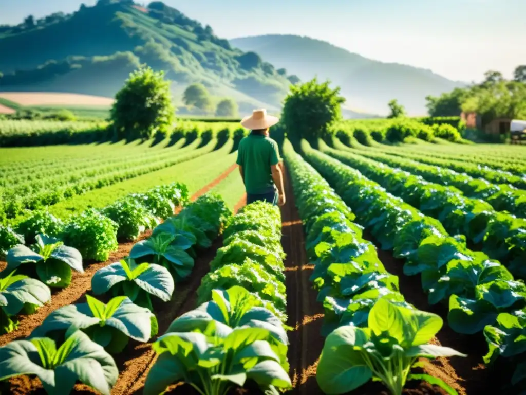 Un agricultor cuida con cariño cultivos orgánicos, prevención enfermedades, bajo el cálido sol