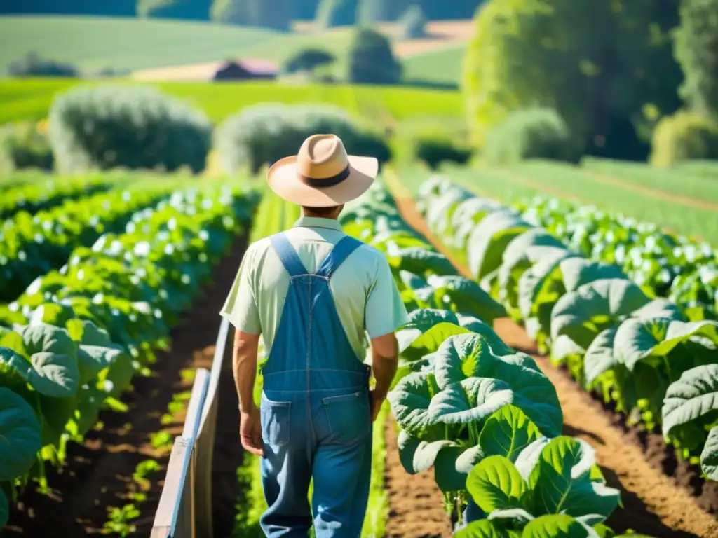 Un agricultor certificado orgánico inspecciona sus cultivos verdes en una granja bañada por la luz del sol