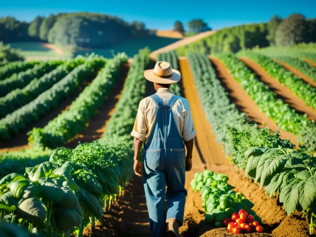 Un agricultor certificado inspecciona tomates en una granja orgánica bajo el cálido sol