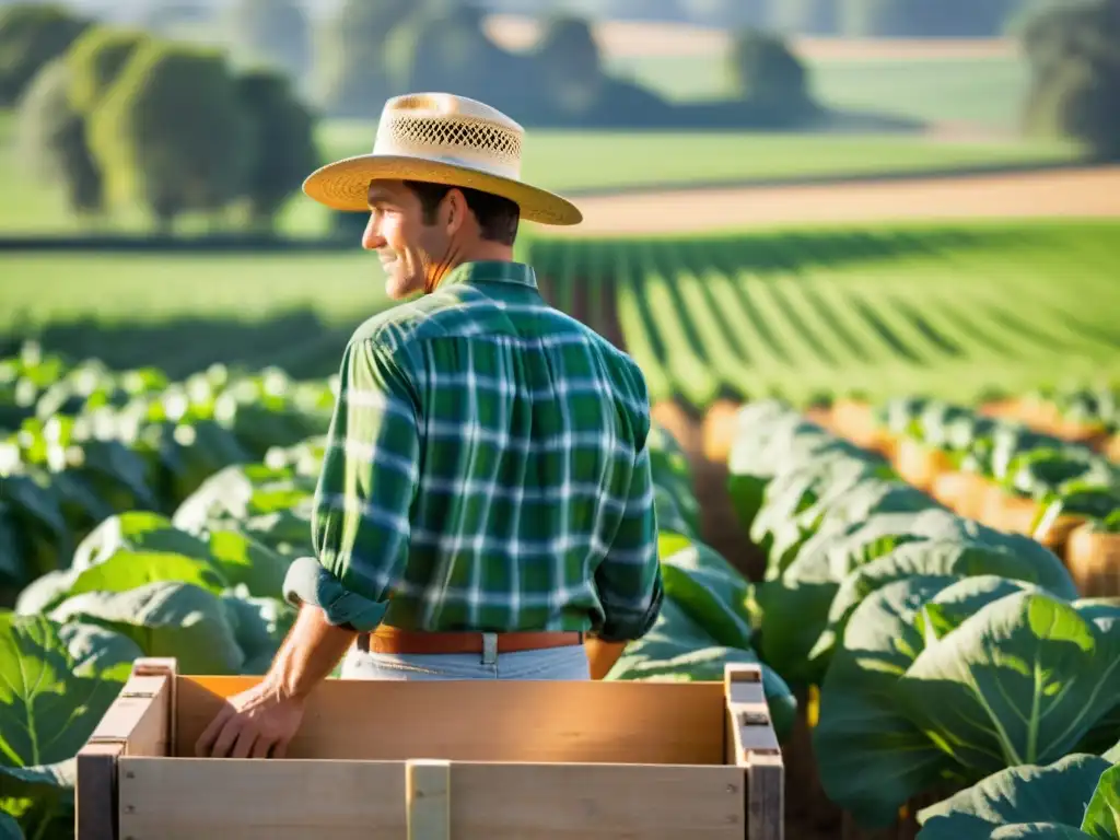 Un agricultor inspecciona con cuidado una caja de productos frescos y orgánicos en un campo bañado por el sol, con hileras de cultivos verdes y vibrantes que se extienden a lo lejos