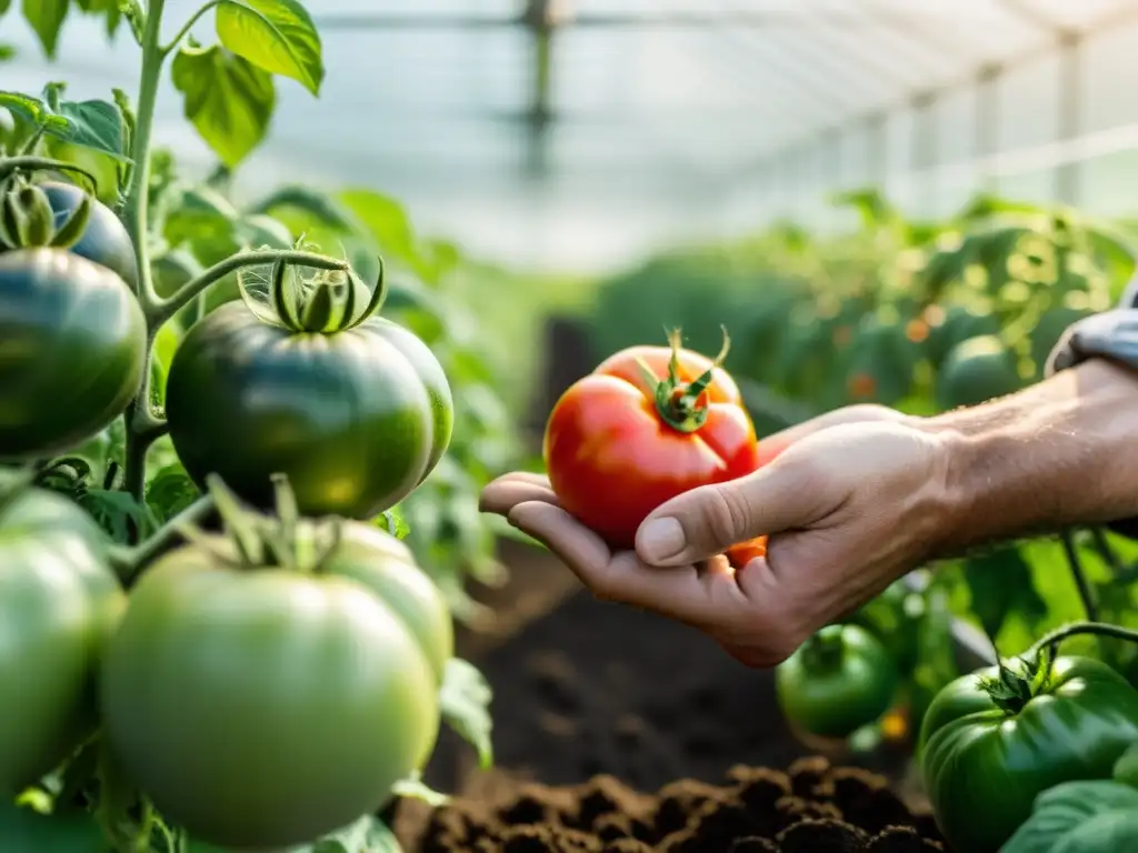 Un agricultor aplica con cuidado fertilizante orgánico a tomates en invernadero, destacando las técnicas de fertilización en cultivos orgánicos