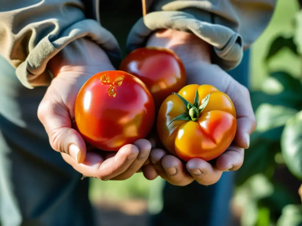 Un agricultor sostiene con cuidado un tomate orgánico recién cosechado, resaltando su color y textura