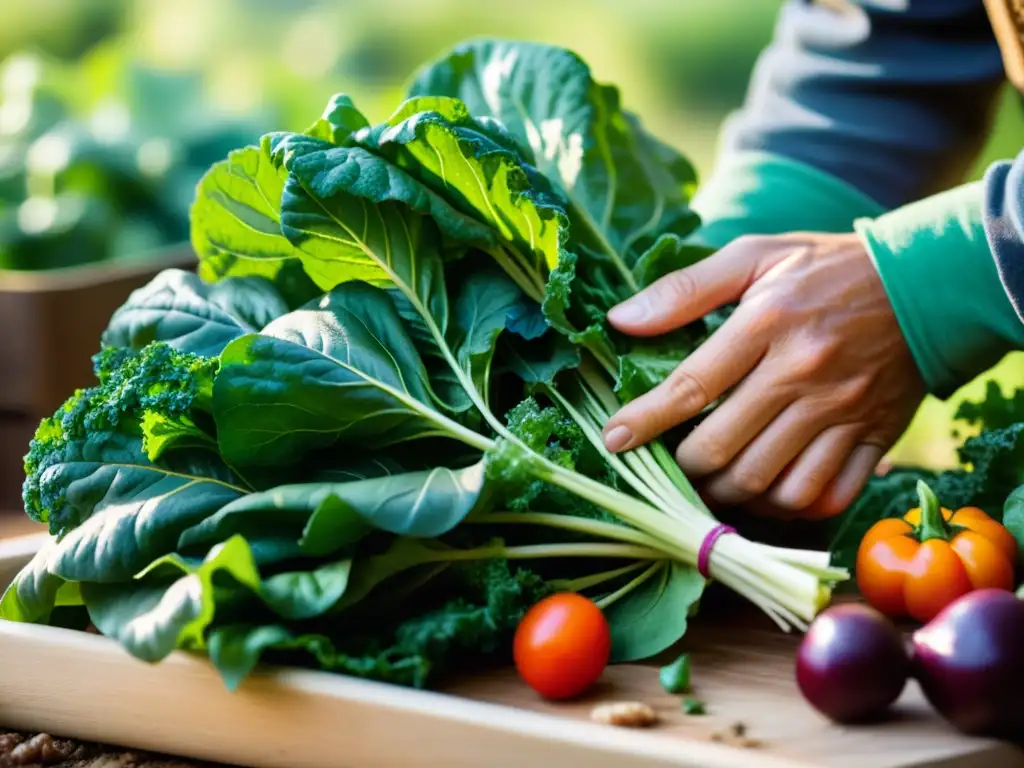 Un agricultor inspecciona con cuidado verduras orgánicas recién cosechadas, transmitiendo pureza y conexión a la tierra