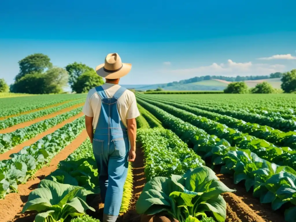 Un agricultor cuidadoso trabaja en un campo orgánico bajo el sol, transmitiendo tranquilidad y abundancia