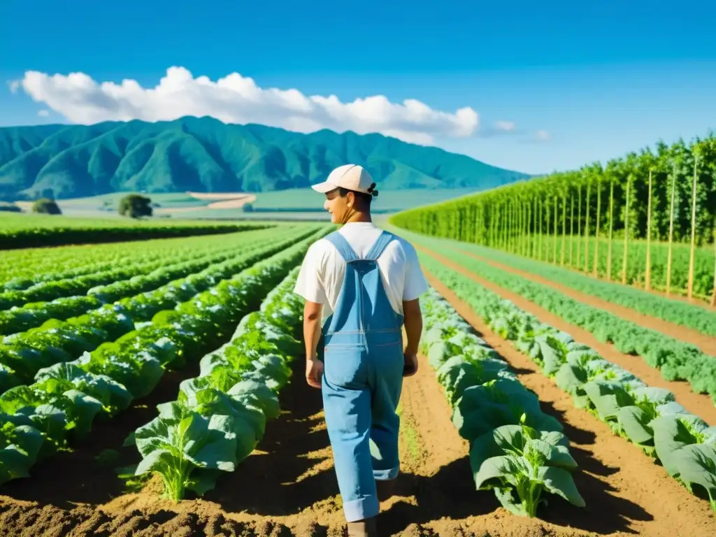 Un agricultor cuidadoso en un campo orgánico, donde los alimentos orgánicos contribuyen al equilibrio natural