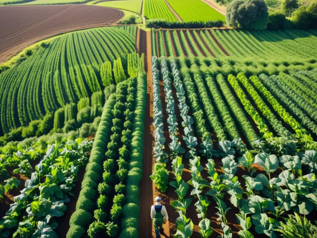 Un agricultor cuidadoso en un campo orgánico, iluminado por el sol