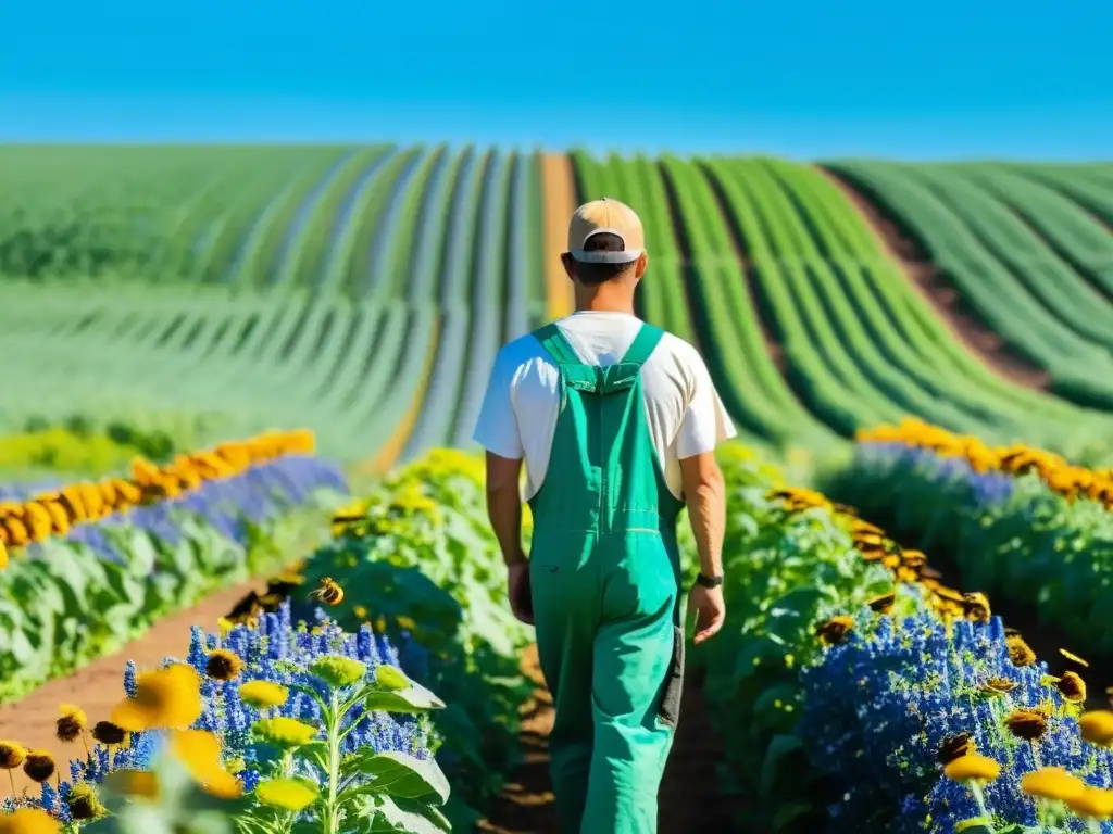 Un agricultor cuidadoso atiende a los cultivos en una granja orgánica bañada por el sol