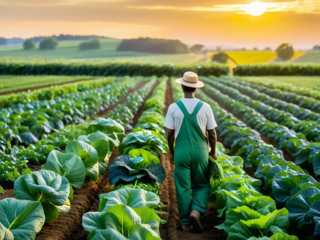 Un agricultor cuida sus cultivos al atardecer en una granja orgánica exuberante