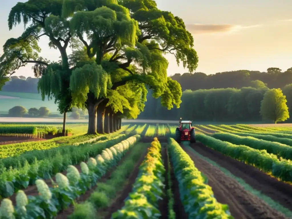 Un agricultor cuida de sus cultivos biodinámicos en una granja serena al atardecer