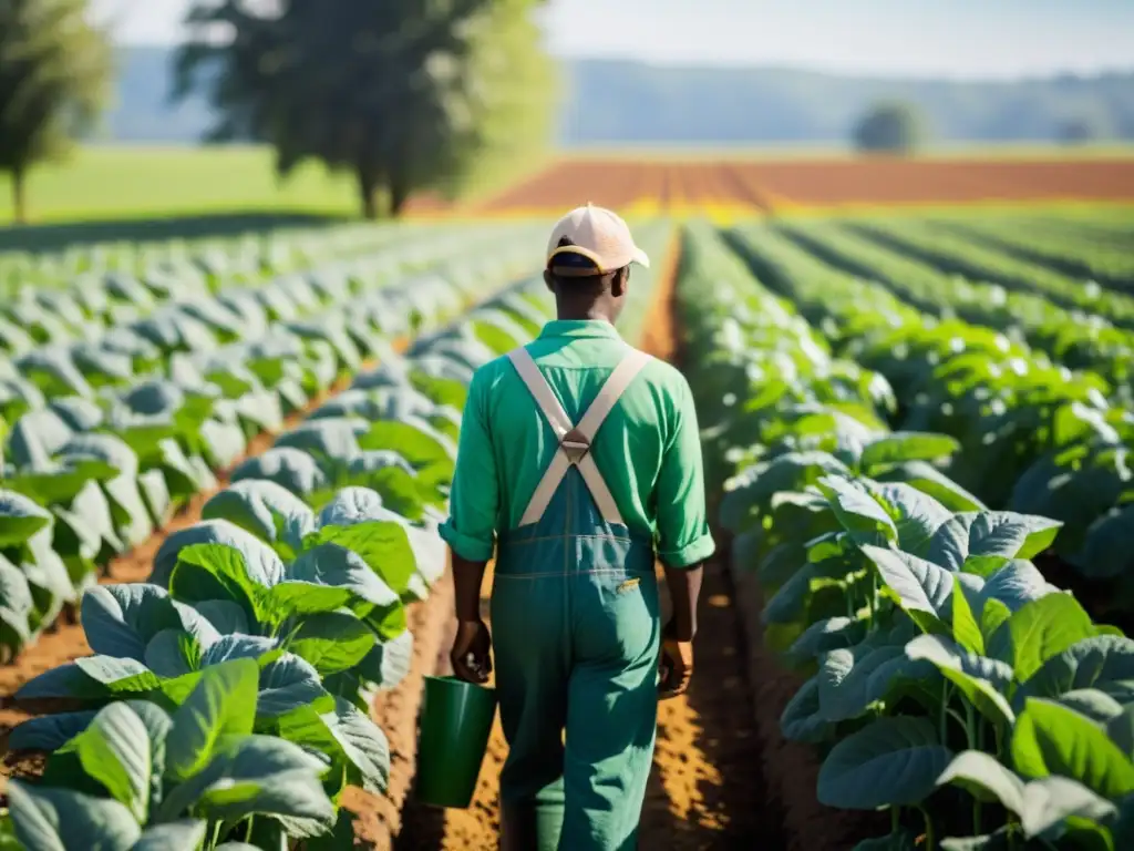 Un agricultor cuida de cultivos en un campo orgánico, transmitiendo armonía y el impacto ambiental de la agricultura orgánica