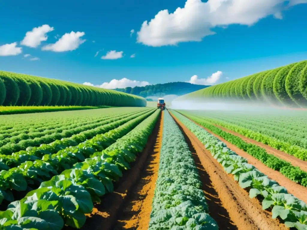 Un agricultor cuida de cultivos en una granja orgánica, donde la captura de CO2 se integra en el paisaje