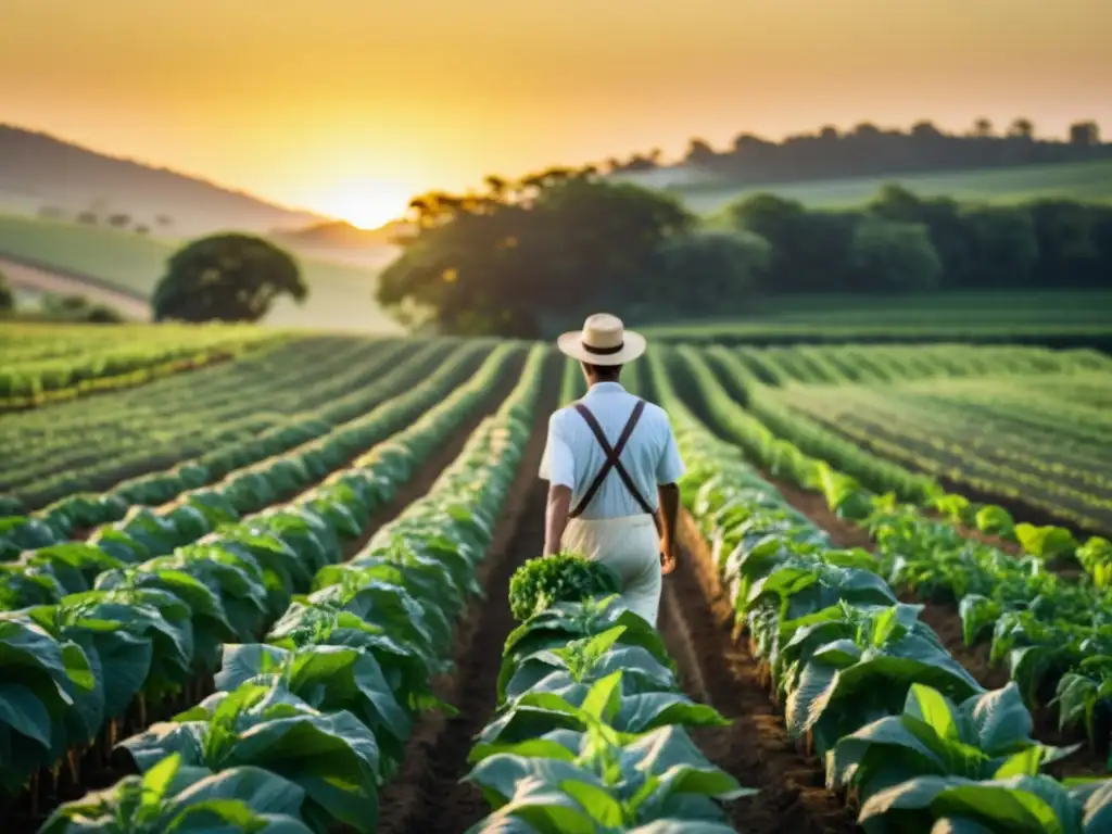 Un agricultor camina entre cultivos orgánicos, bañado por la cálida luz del atardecer