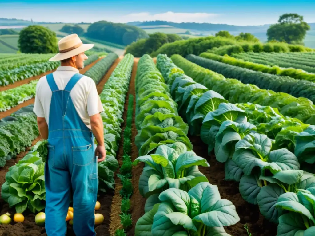 Un agricultor inspecciona cultivos orgánicos en una granja, bajo un cielo azul brillante