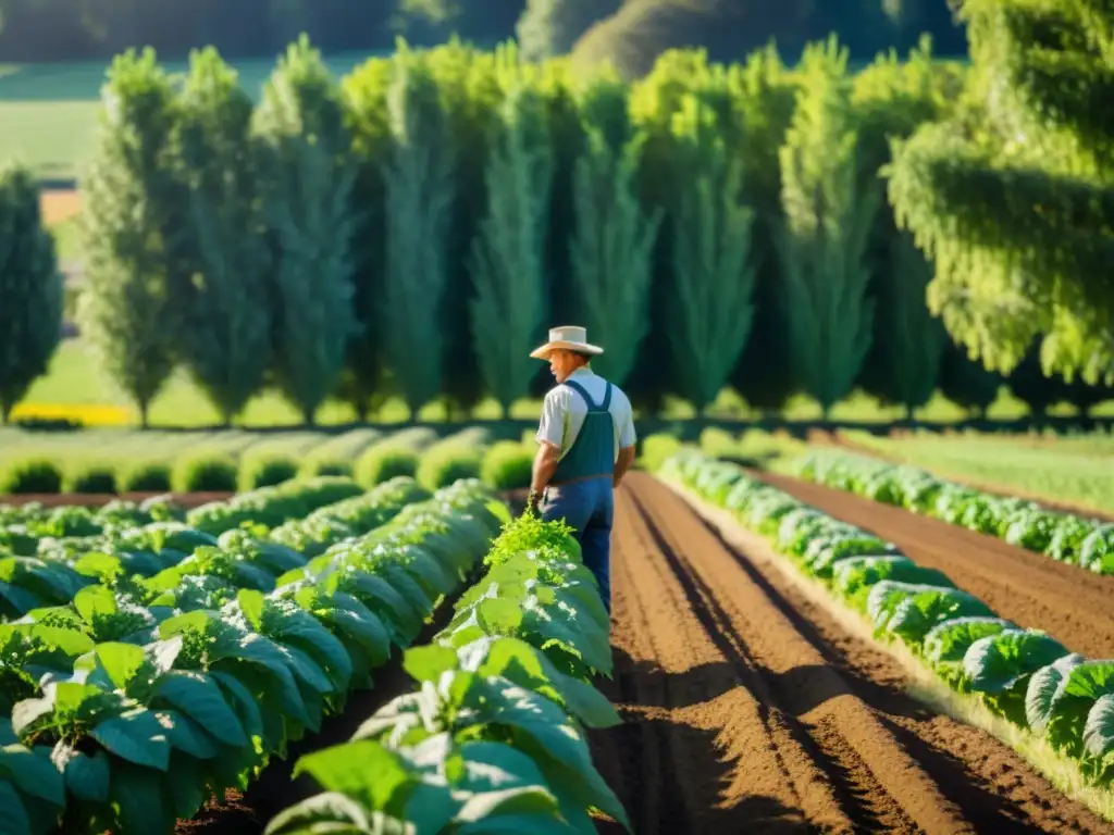 Un agricultor inspecciona cultivos sanos en un campo de agroforestería, rodeado de vida abundante