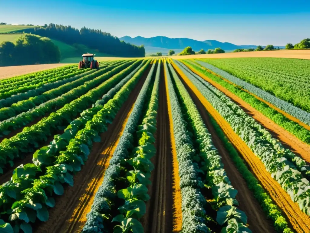 Un agricultor cuida con dedicación sus cultivos en una granja orgánica, bañada por una cálida luz dorada