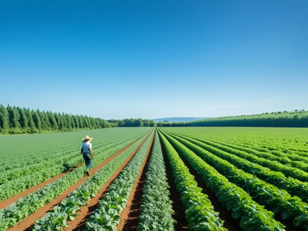 Un agricultor cuida con devoción cultivos orgánicos en una granja exuberante, bajo un cielo azul