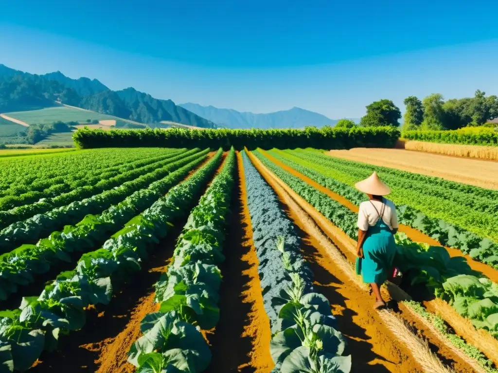 Un agricultor cuida con esmero de los cultivos en una granja orgánica, bajo un cielo azul y brillante