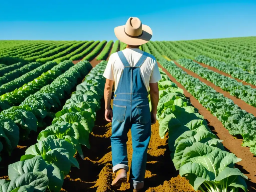 Un agricultor cuida con esmero sus cultivos orgánicos bajo el cálido sol, mostrando la belleza de la cadena de suministro alimentos orgánicos