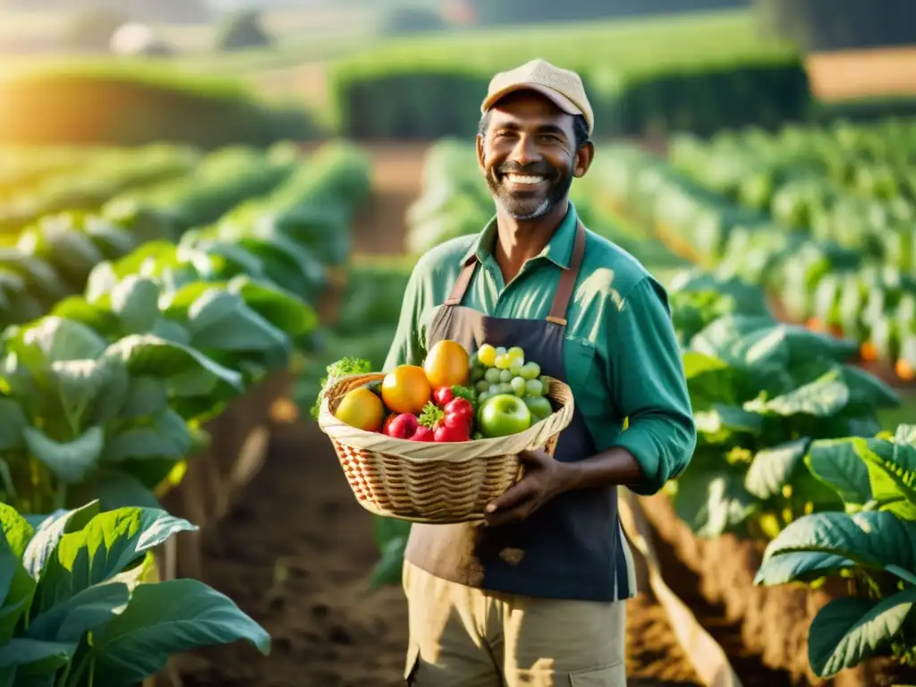 Un agricultor feliz sostiene una cesta rebosante de frutas y verduras frescas en un campo orgánico